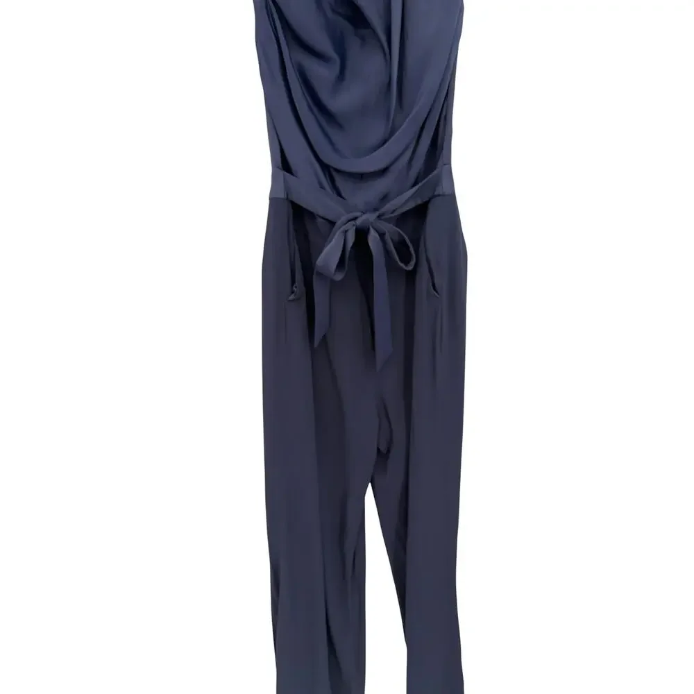 Reiss Corina Halter Neck Wide Leg Jumpsuit Night Navy Tie Waist US 10